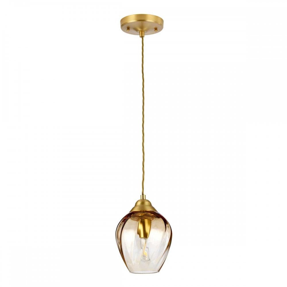 Elstead TIBER-P-AMBER Tiber 1 Light Pendant Brushed Brass/ Amber Glass