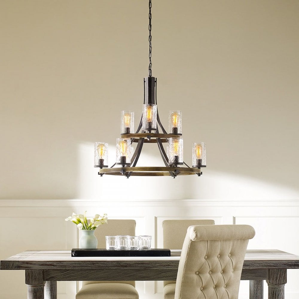 Feiss QN-ANGELO9 Angelo 9 Light Chandelier Distressed Weathered Oak &amp; Slate Grey Metal