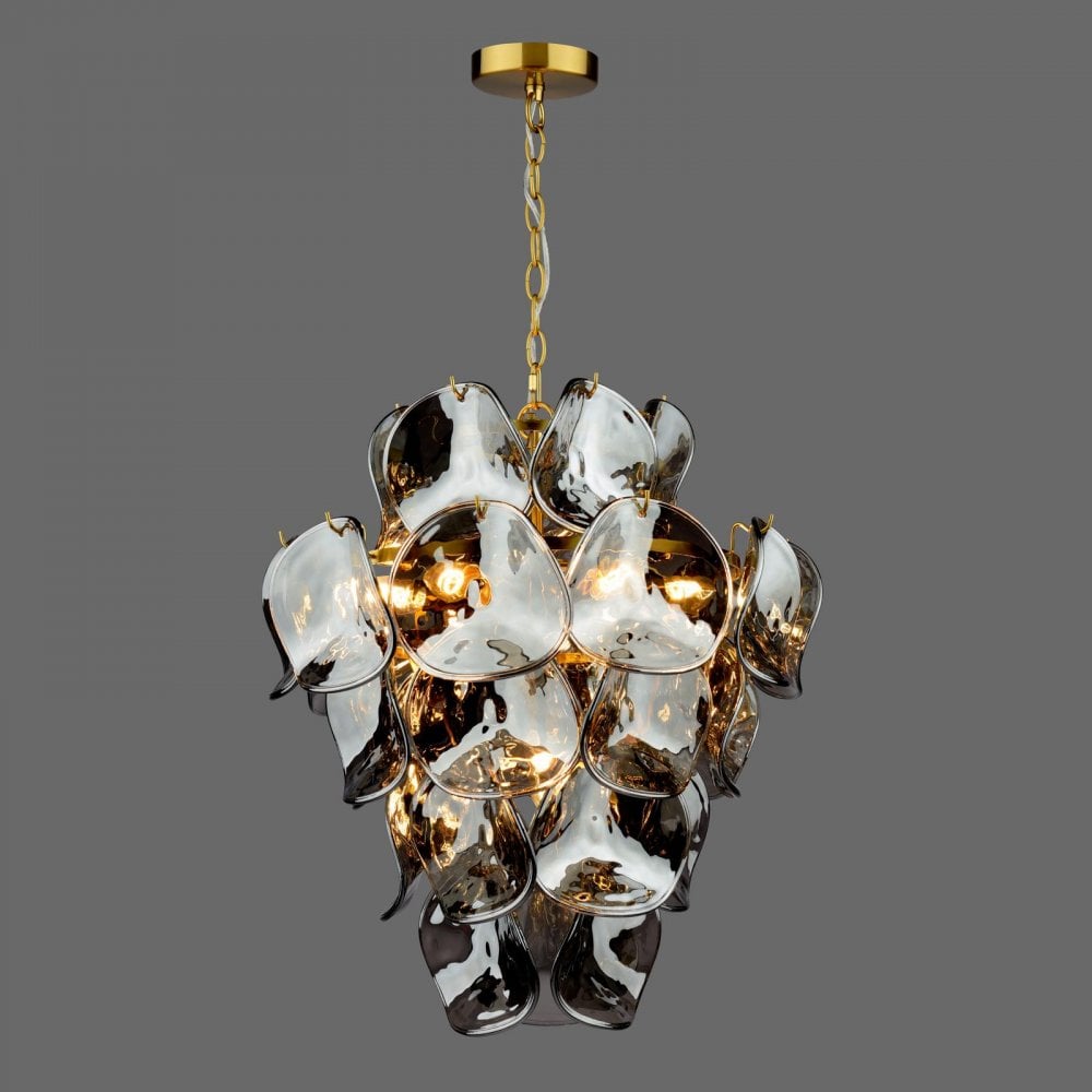 Dar GEN0842 Genoa 8 Light Pendant Natural Brass and Smoked Glass