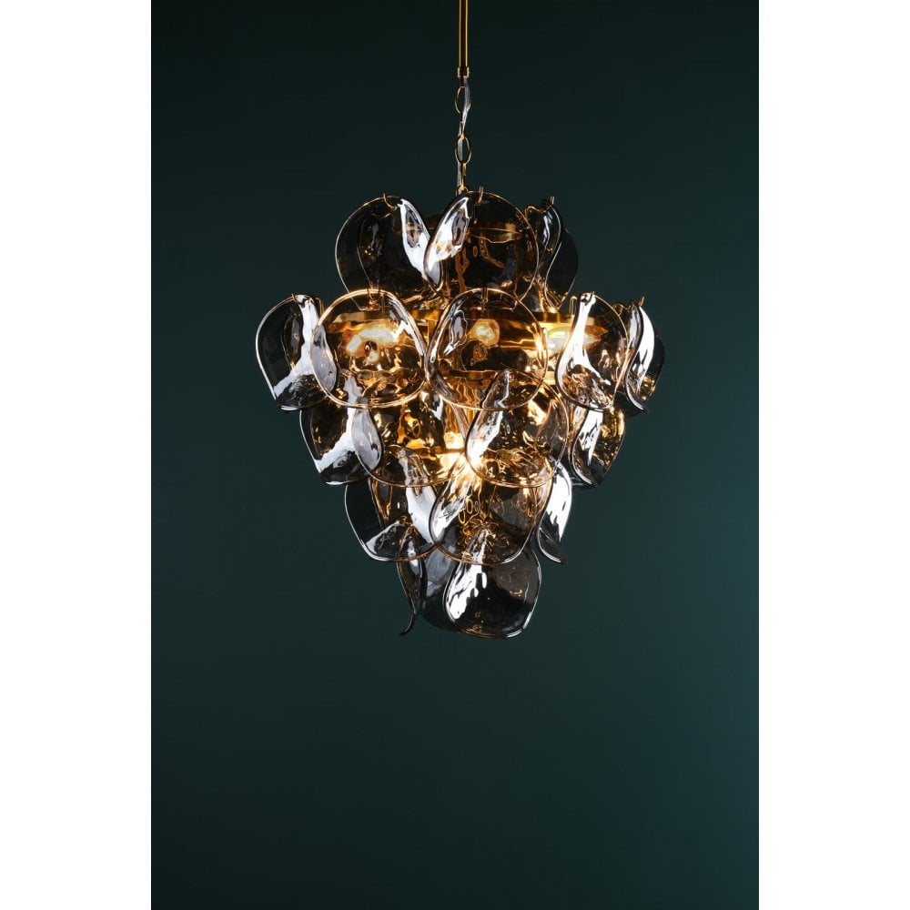 Dar GEN0842 Genoa 8 Light Pendant Natural Brass and Smoked Glass