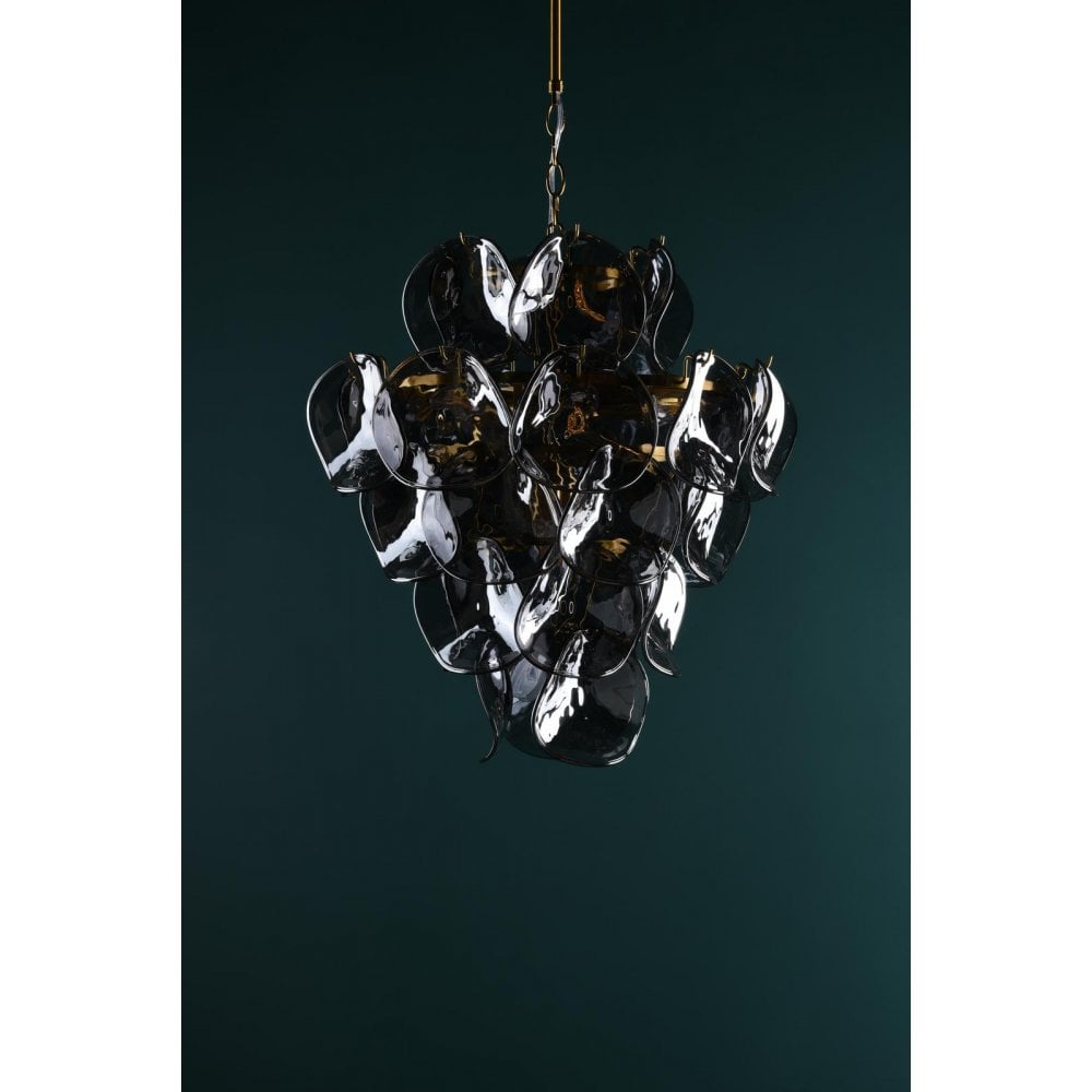 Dar GEN0842 Genoa 8 Light Pendant Natural Brass and Smoked Glass