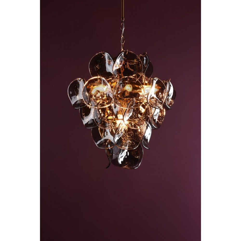 Dar GEN0842 Genoa 8 Light Pendant Natural Brass and Smoked Glass
