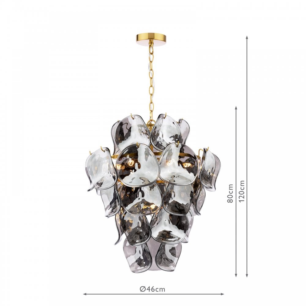 Dar GEN0842 Genoa 8 Light Pendant Natural Brass and Smoked Glass