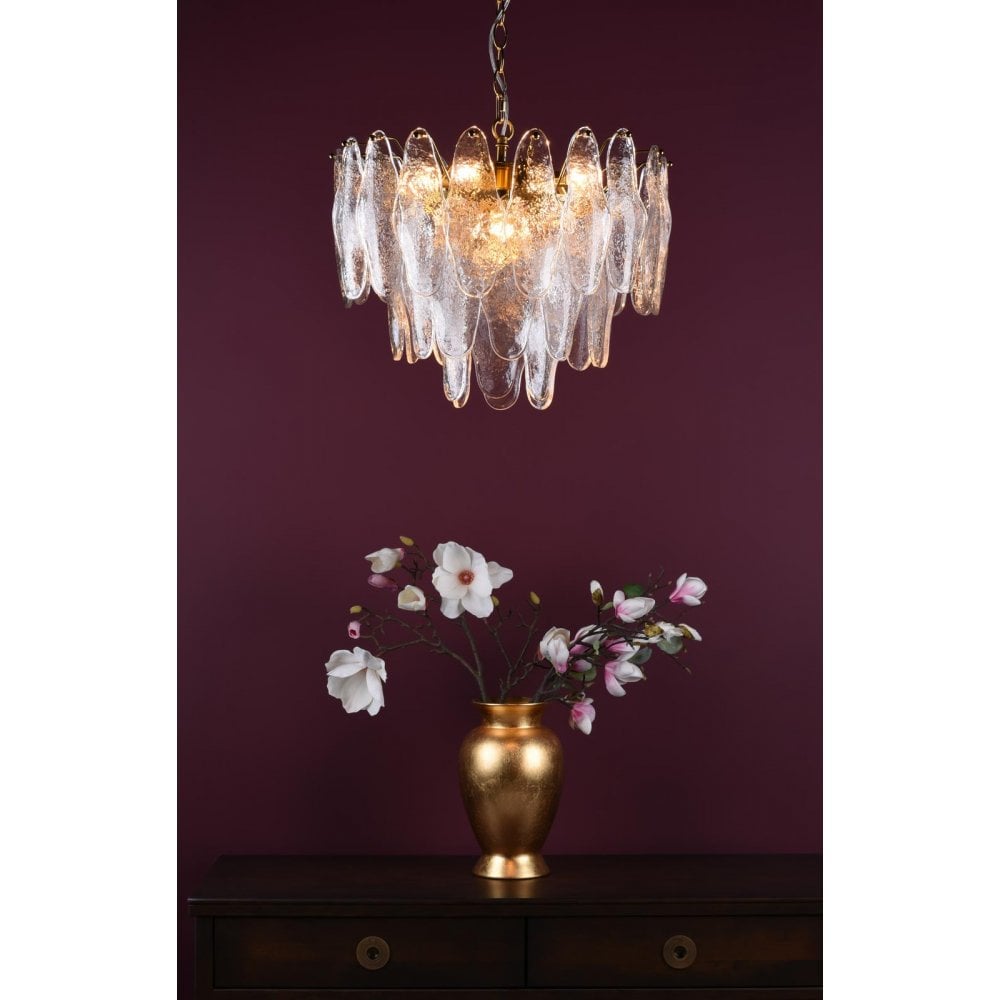 Dar KIM0642 Kimmia 6 Light Pendant Natural Brass and Textured Glass
