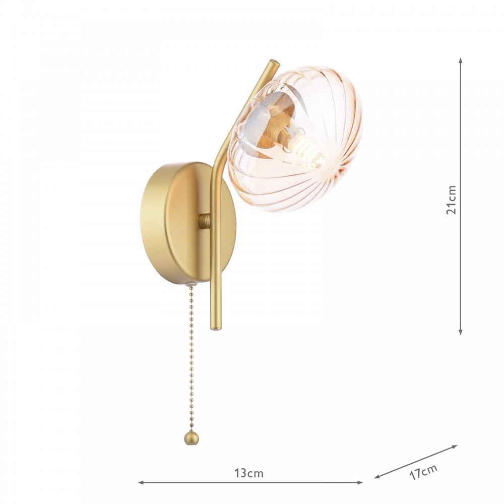 Dar Wisebuys EDE0735 Ede Wall Light Satin Gold and Amber Glass