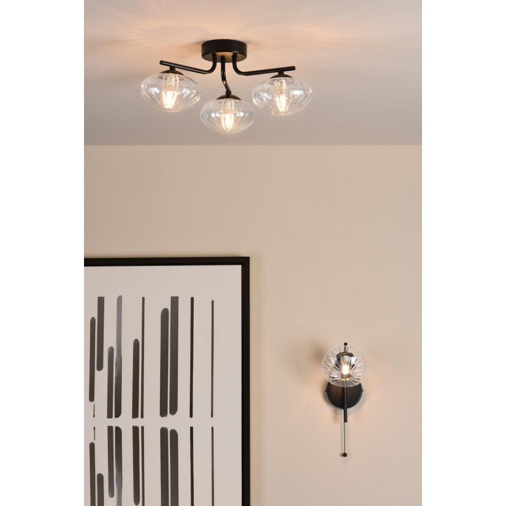 Dar Wisebuys EDE5322 Ede 3 Light Semi-Flush Matt Black and Glass