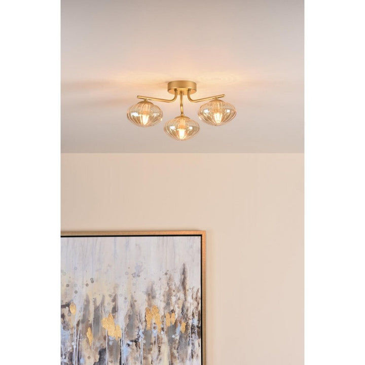 Dar Wisebuys EDE5335 Ede 3 Light Semi-Flush Satin Gold and Amber Glass