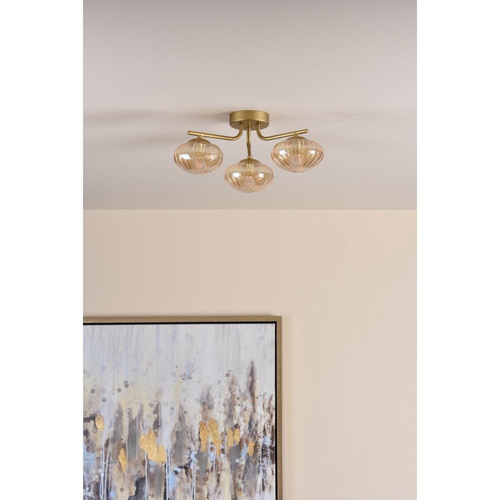 Dar Wisebuys EDE5335 Ede 3 Light Semi-Flush Satin Gold and Amber Glass