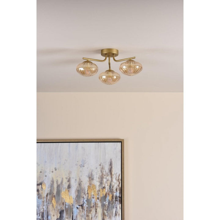 Dar Wisebuys EDE5335 Ede 3 Light Semi-Flush Satin Gold and Amber Glass