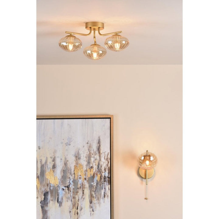 Dar Wisebuys EDE5335 Ede 3 Light Semi-Flush Satin Gold and Amber Glass