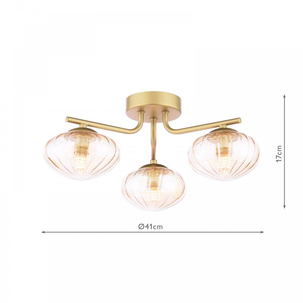Dar Wisebuys EDE5335 Ede 3 Light Semi-Flush Satin Gold and Amber Glass