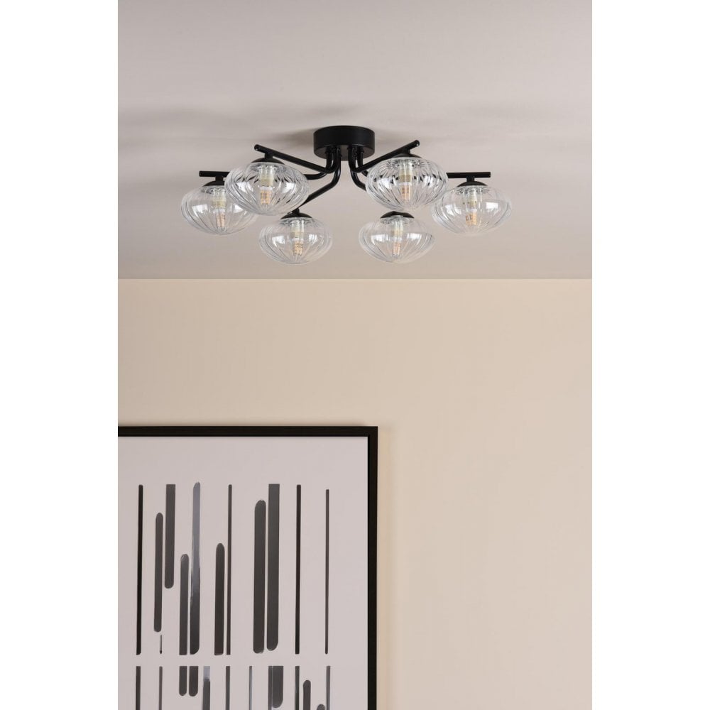 Dar Wisebuys EDE6422 Ede 6 Light Semi-Flush Matt Black and Glass