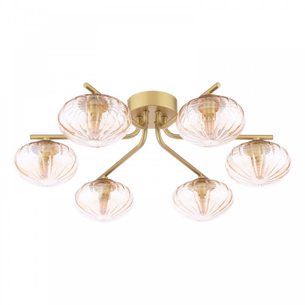 Dar Wisebuys EDE6435 Ede 6 Light Semi-Flush Satin Gold and Amber Glass