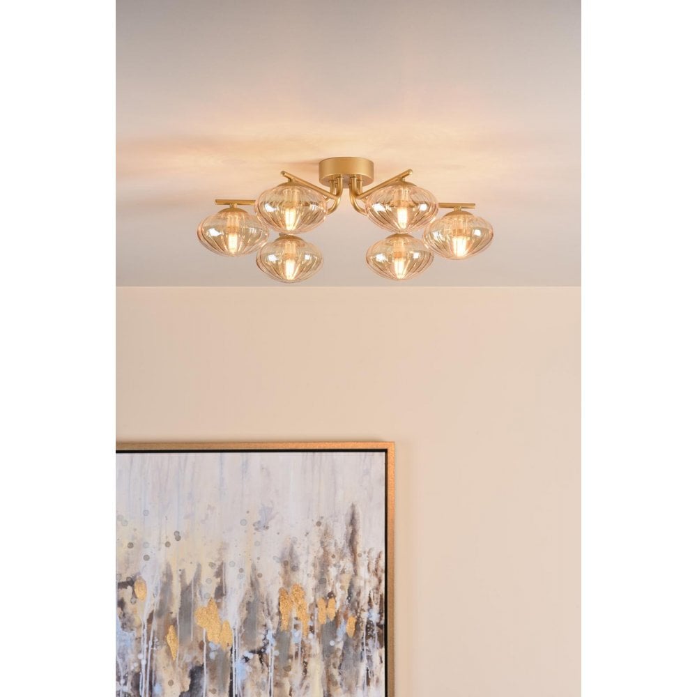 Dar Wisebuys EDE6435 Ede 6 Light Semi-Flush Satin Gold and Amber Glass