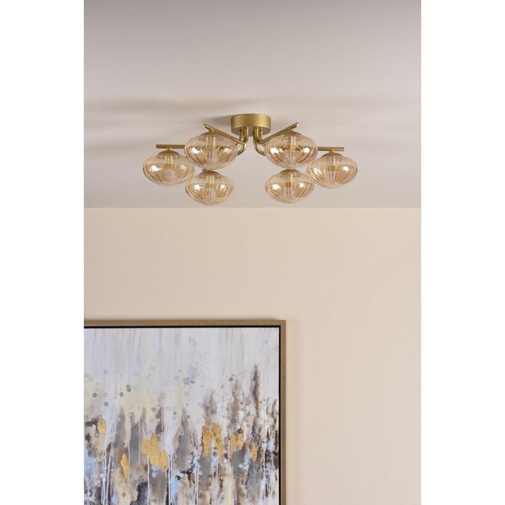 Dar Wisebuys EDE6435 Ede 6 Light Semi-Flush Satin Gold and Amber Glass