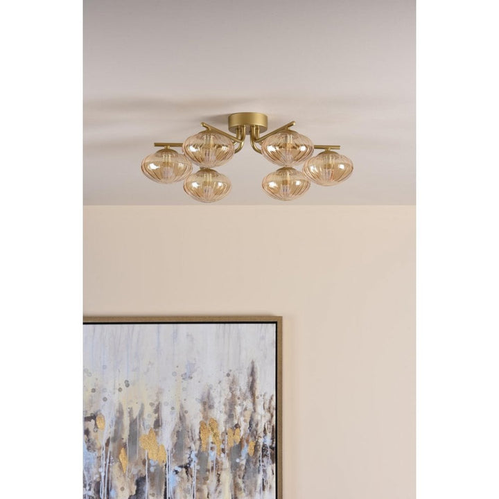 Dar Wisebuys EDE6435 Ede 6 Light Semi-Flush Satin Gold and Amber Glass
