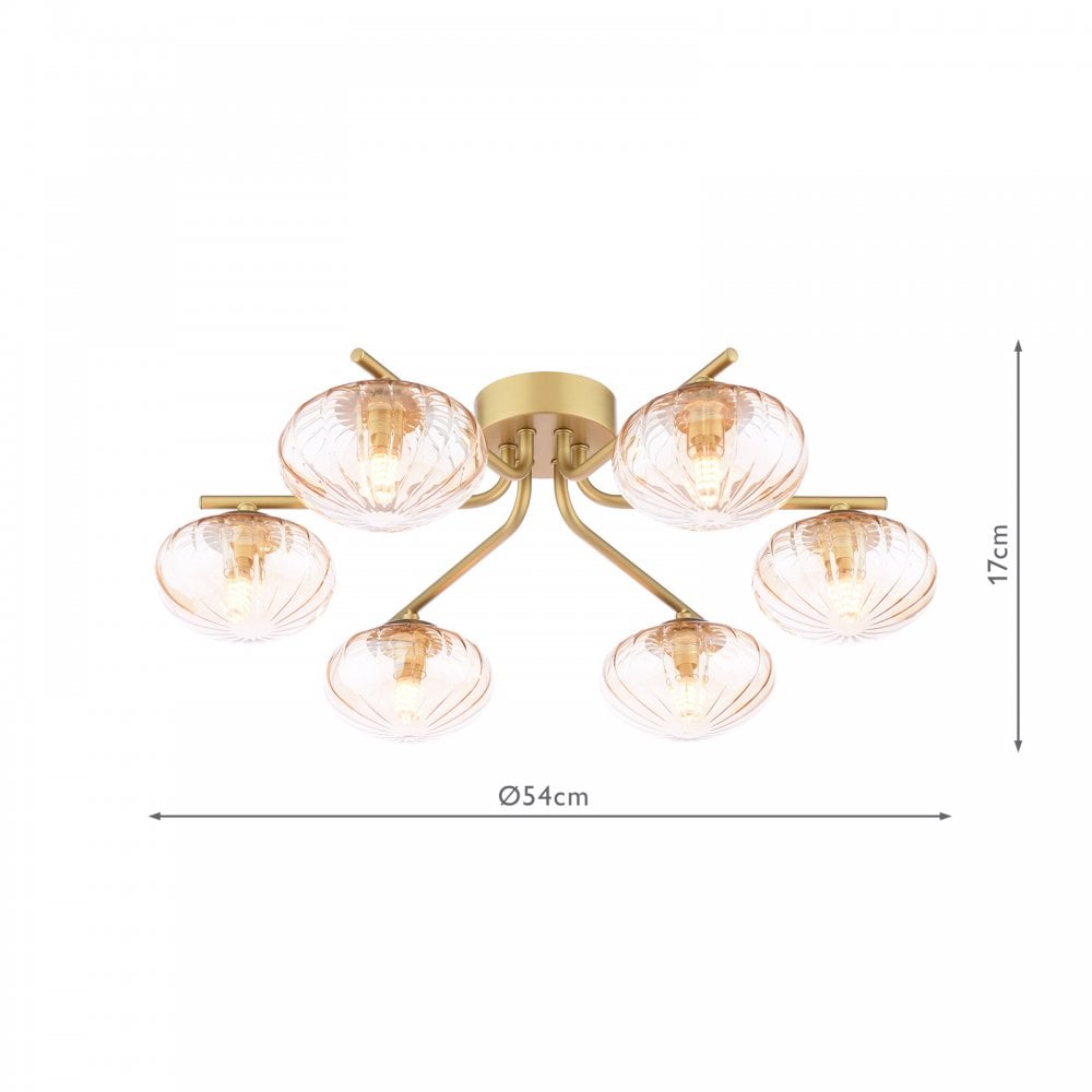 Dar Wisebuys EDE6435 Ede 6 Light Semi-Flush Satin Gold and Amber Glass