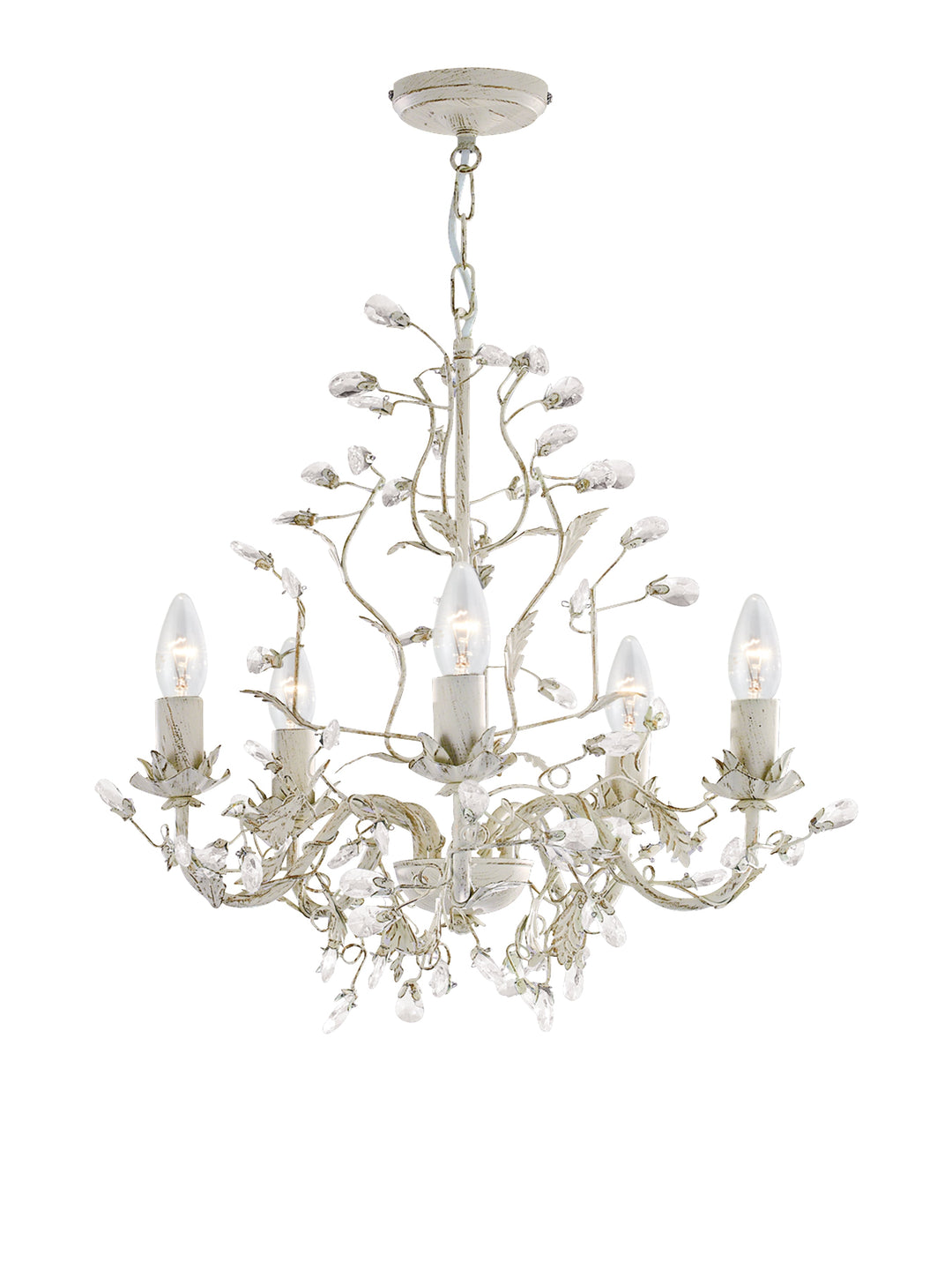 Searchlight 2495-5CR Almandite - 5 Light Ceiling Cream Gold Finish With Leaf Dressing And Clear Crystal Deco