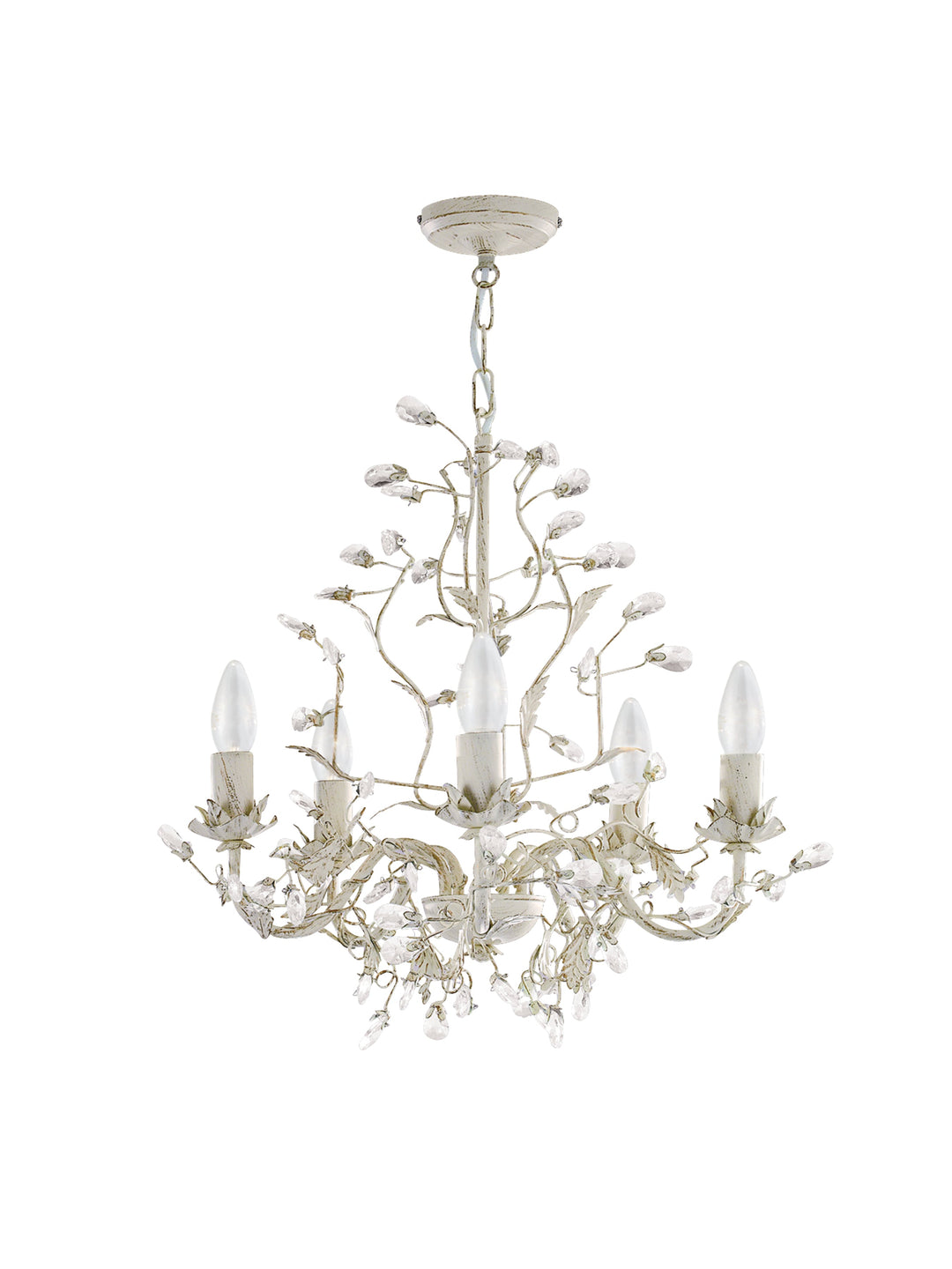Searchlight 2495-5CR Almandite - 5 Light Ceiling Cream Gold Finish With Leaf Dressing And Clear Crystal Deco