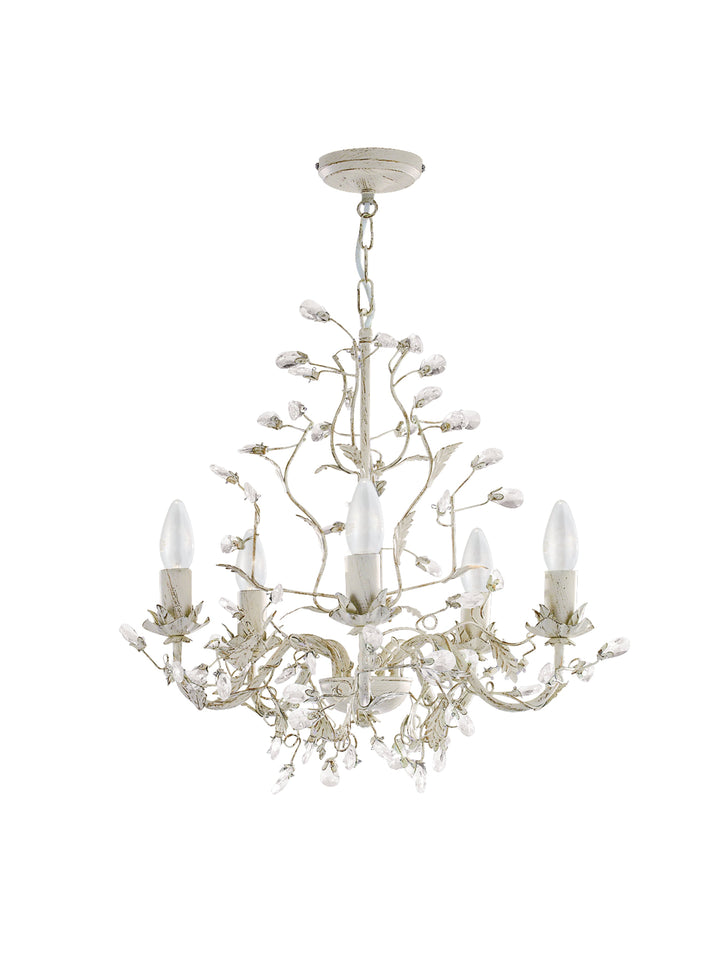 Searchlight 2495-5CR Almandite - 5 Light Ceiling Cream Gold Finish With Leaf Dressing And Clear Crystal Deco