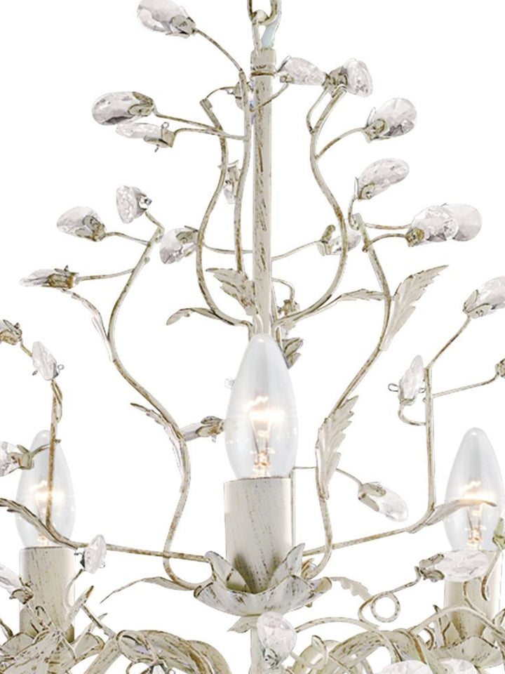 Searchlight 2495-5CR Almandite - 5 Light Ceiling Cream Gold Finish With Leaf Dressing And Clear Crystal Deco