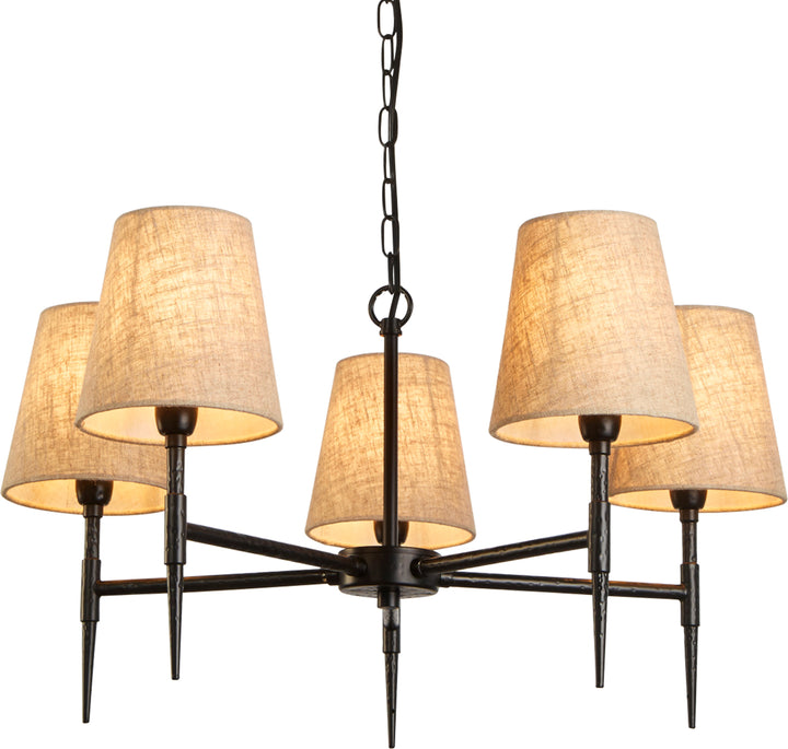 Searchlight 30690-5BK Gothic 5 Light Pendant Hammered Black Metal Natural Linen