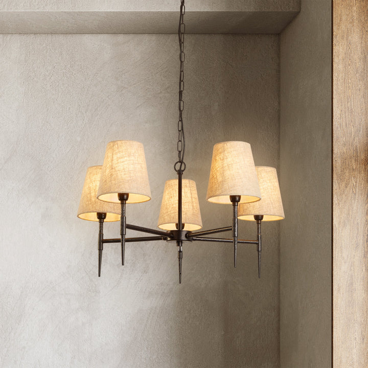 Searchlight 30690-5BK Gothic 5 Light Pendant Hammered Black Metal Natural Linen