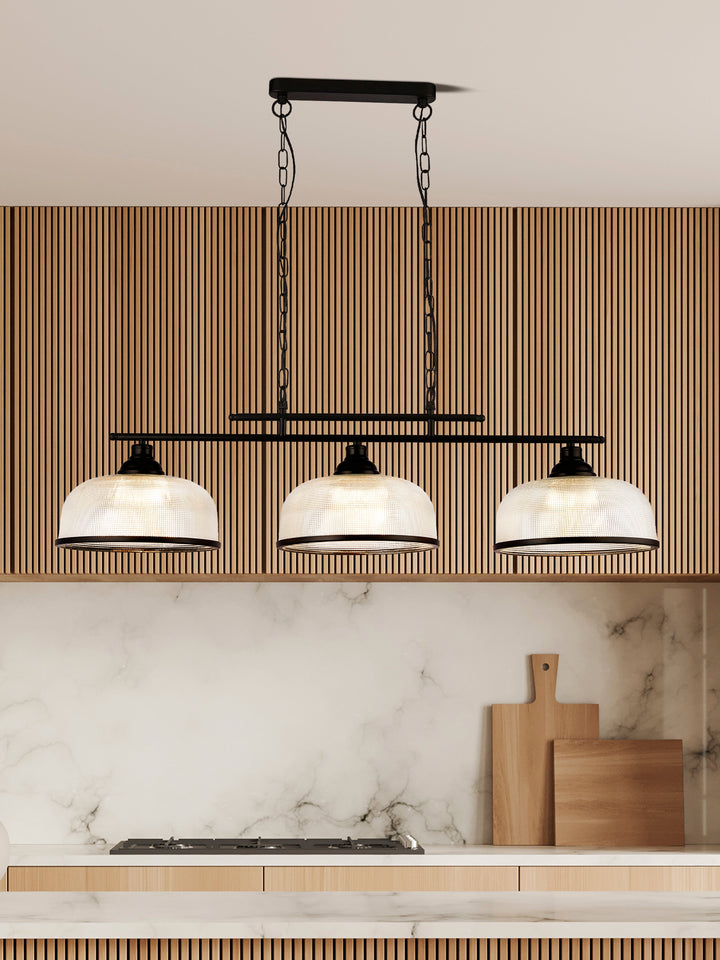 Searchlight 3593-3BK Highworth 3 Light Bar Pendant Black Metal Holophane Style Glass