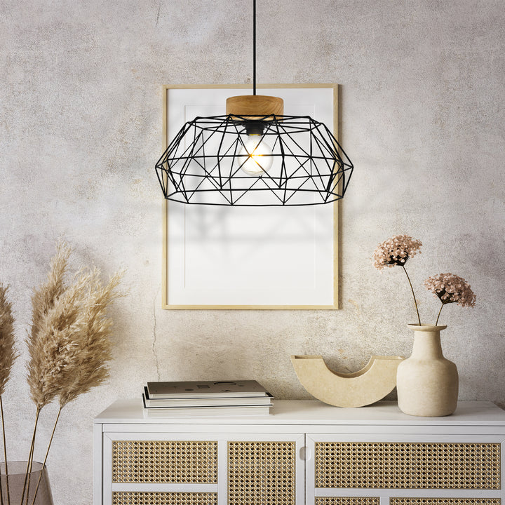 Eglo 44089 Padstow Geometric Black Wire Steel & Wood Pendant