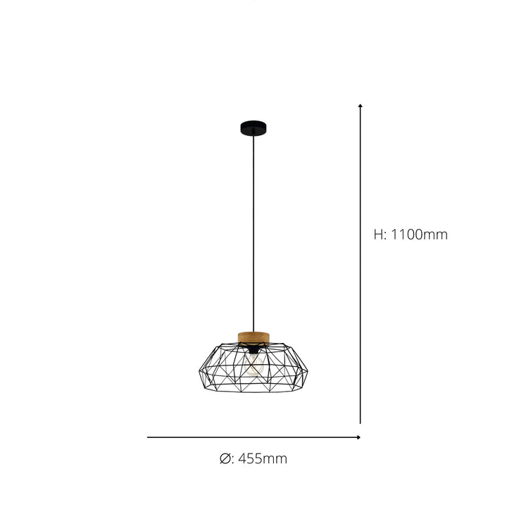 Eglo 44089 Padstow Geometric Black Wire Steel & Wood Pendant