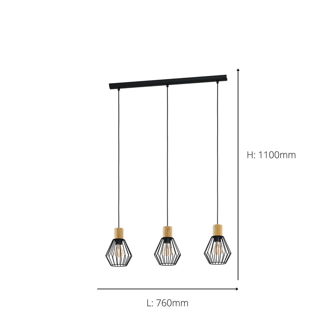 Eglo 44094 Palmorla Black Wire Steel & Wood 3 Light Pendant