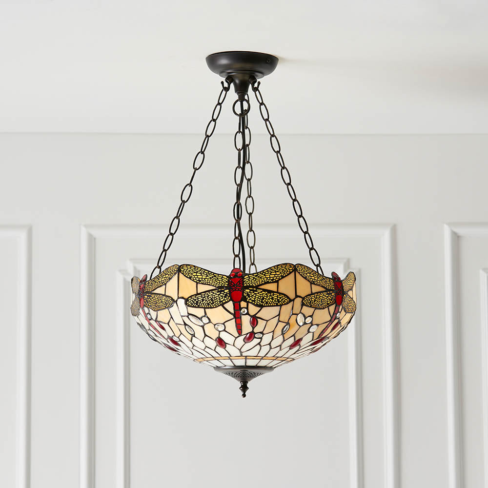 Interiors 1900 70759 Dragonfly Beige Tiffany Medium Inverted 3 Light Pendant