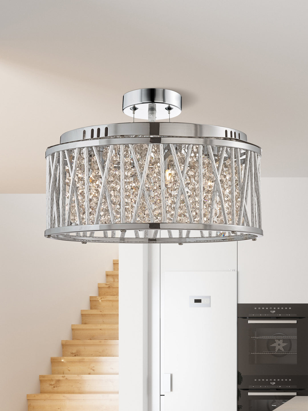 Searchlight 8335-5CC Elise 5 Light Ceiling Flush/pendant Chrome Clear Crystal Button Drops Aluminium Tubes Trim