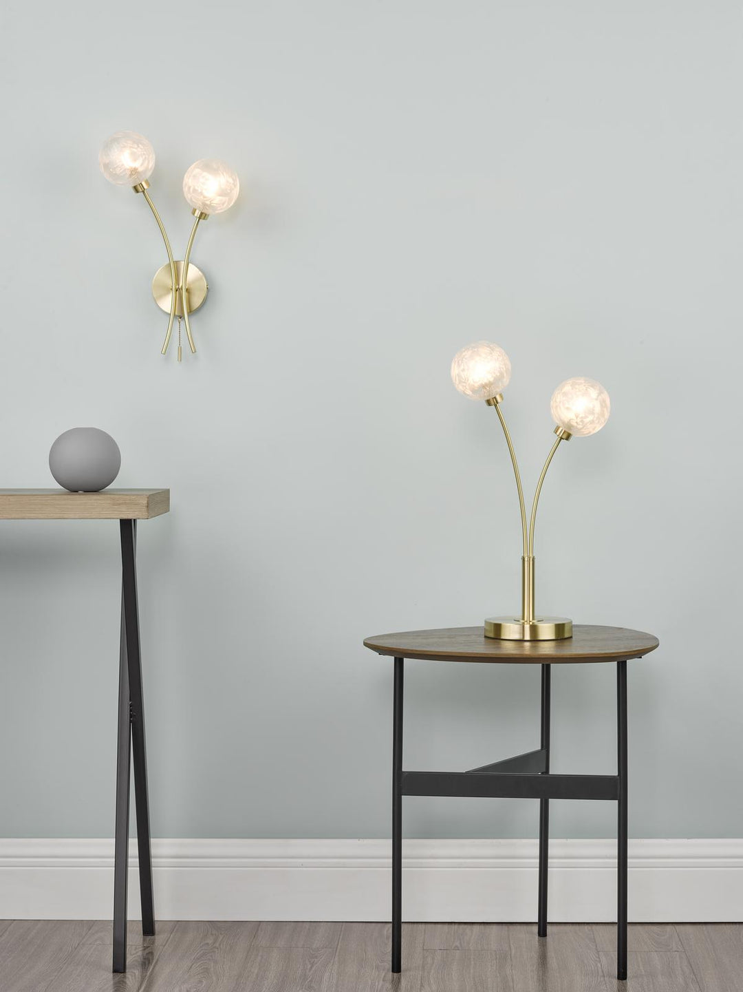 Dar AVA0941 Avari 2 Light Wall Light Satin Brass and White Frosted Glass