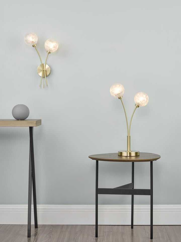 Dar AVA4241 Avari 2 Light Table Lamp Satin Brass and White Frosted Glass