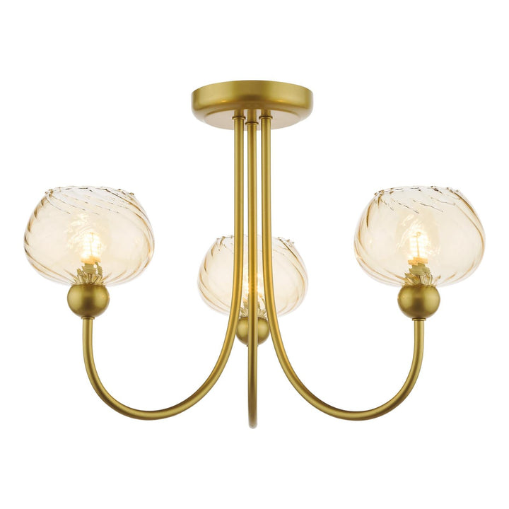Dar COG0335 Cognac 3 Light Semi-Flush Satin Gold and Champagne Ribbed Glass