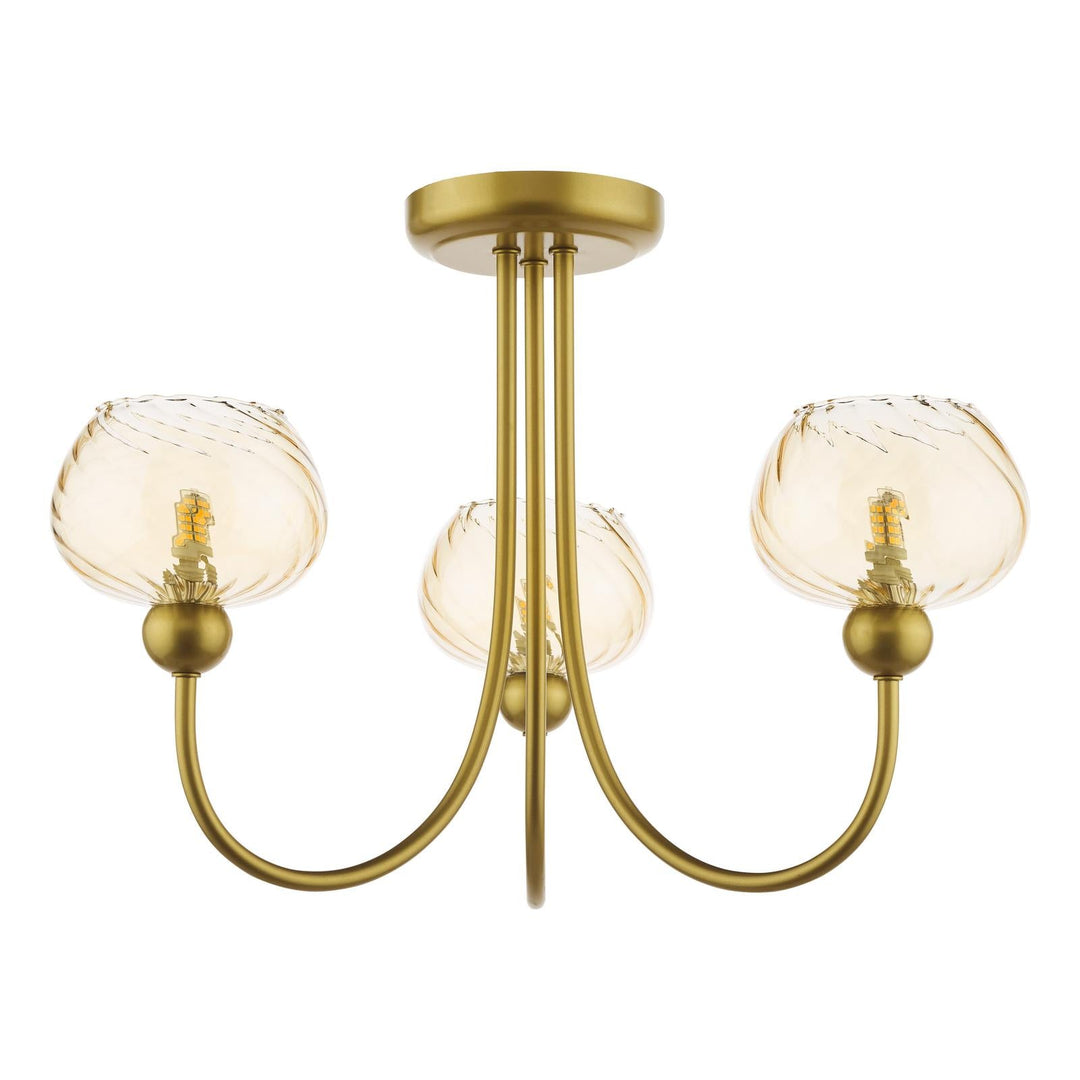 Dar COG0335 Cognac 3 Light Semi-Flush Satin Gold and Champagne Ribbed Glass