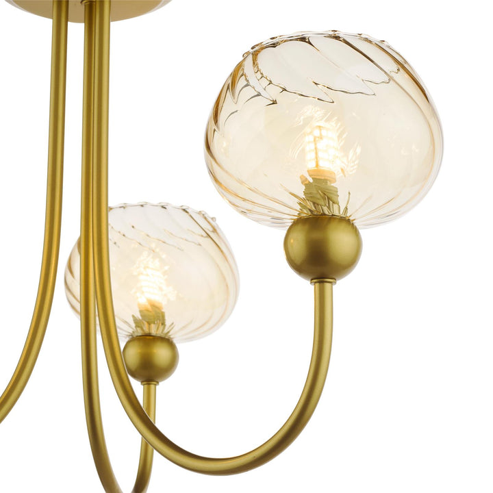 Dar COG0335 Cognac 3 Light Semi-Flush Satin Gold and Champagne Ribbed Glass