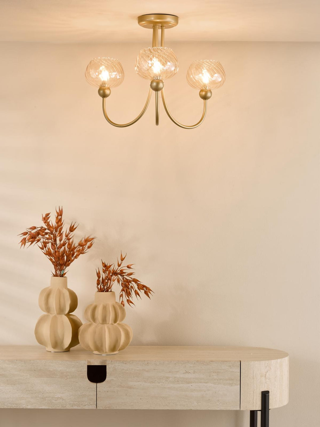 Dar COG0335 Cognac 3 Light Semi-Flush Satin Gold and Champagne Ribbed Glass