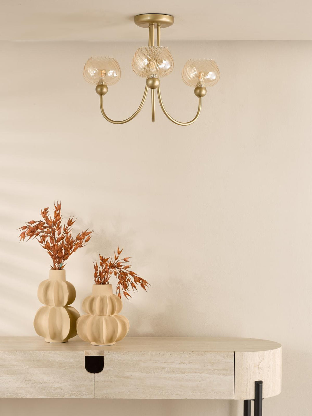 Dar COG0335 Cognac 3 Light Semi-Flush Satin Gold and Champagne Ribbed Glass