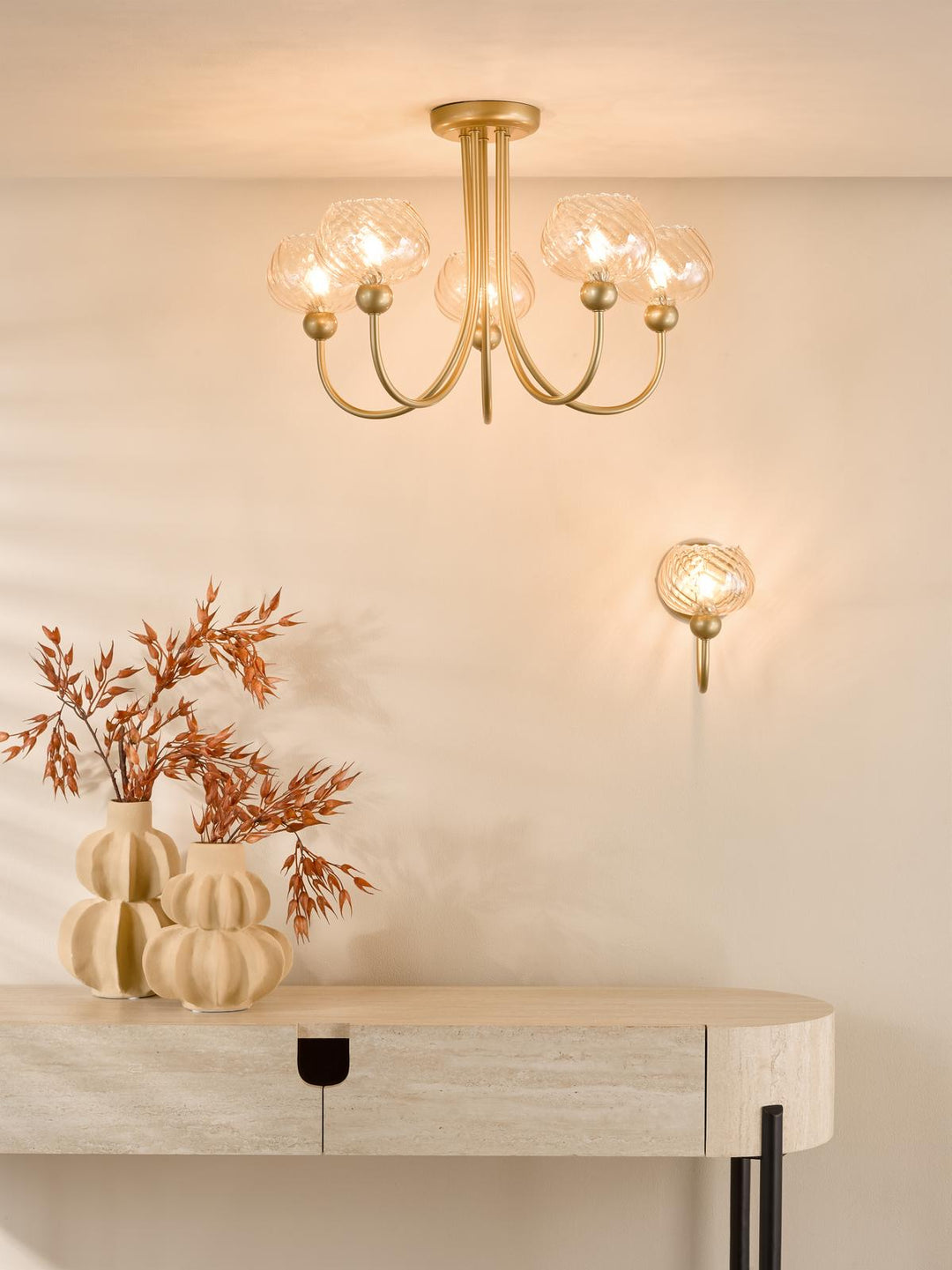 Dar COG0335 Cognac 3 Light Semi-Flush Satin Gold and Champagne Ribbed Glass