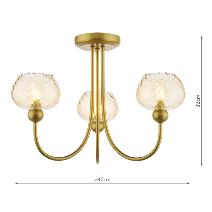 Dar COG0335 Cognac 3 Light Semi-Flush Satin Gold and Champagne Ribbed Glass