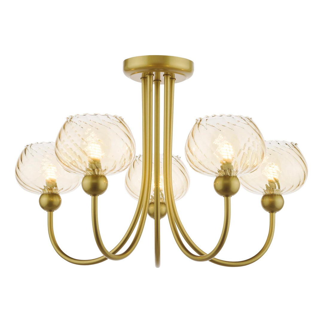 Dar COG0535 Cognac 5 Light Semi-Flush Satin Gold and Champagne Ribbed Glass