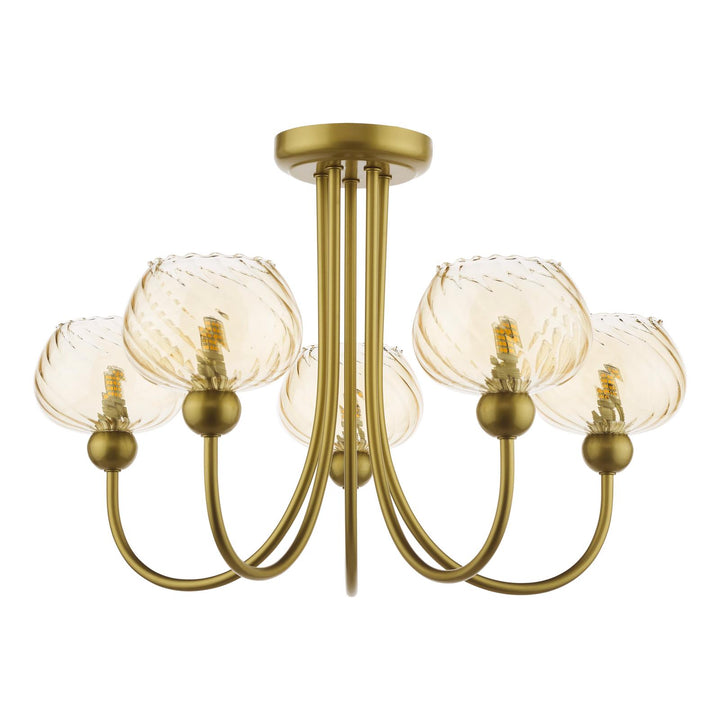 Dar COG0535 Cognac 5 Light Semi-Flush Satin Gold and Champagne Ribbed Glass