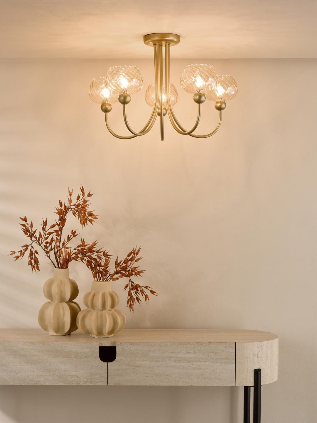 Dar COG0535 Cognac 5 Light Semi-Flush Satin Gold and Champagne Ribbed Glass