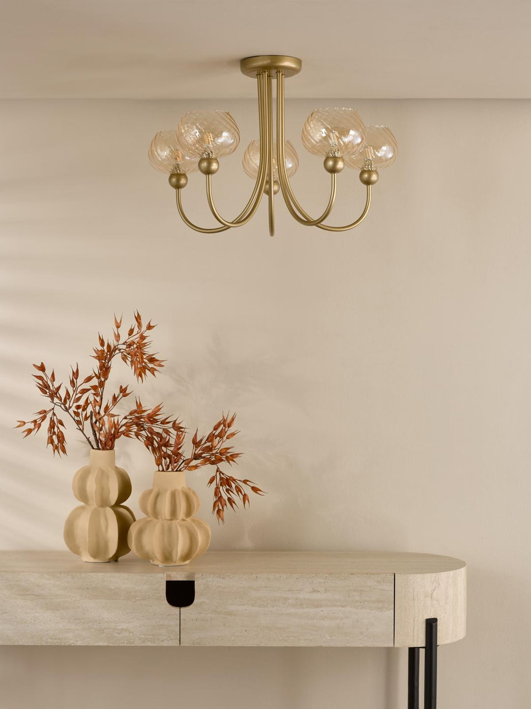 Dar COG0535 Cognac 5 Light Semi-Flush Satin Gold and Champagne Ribbed Glass
