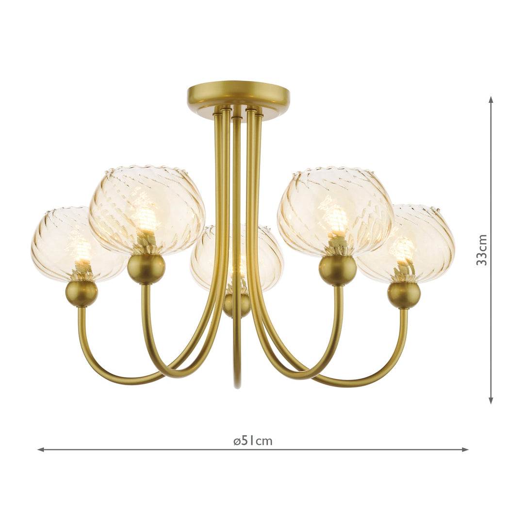 Dar COG0535 Cognac 5 Light Semi-Flush Satin Gold and Champagne Ribbed Glass