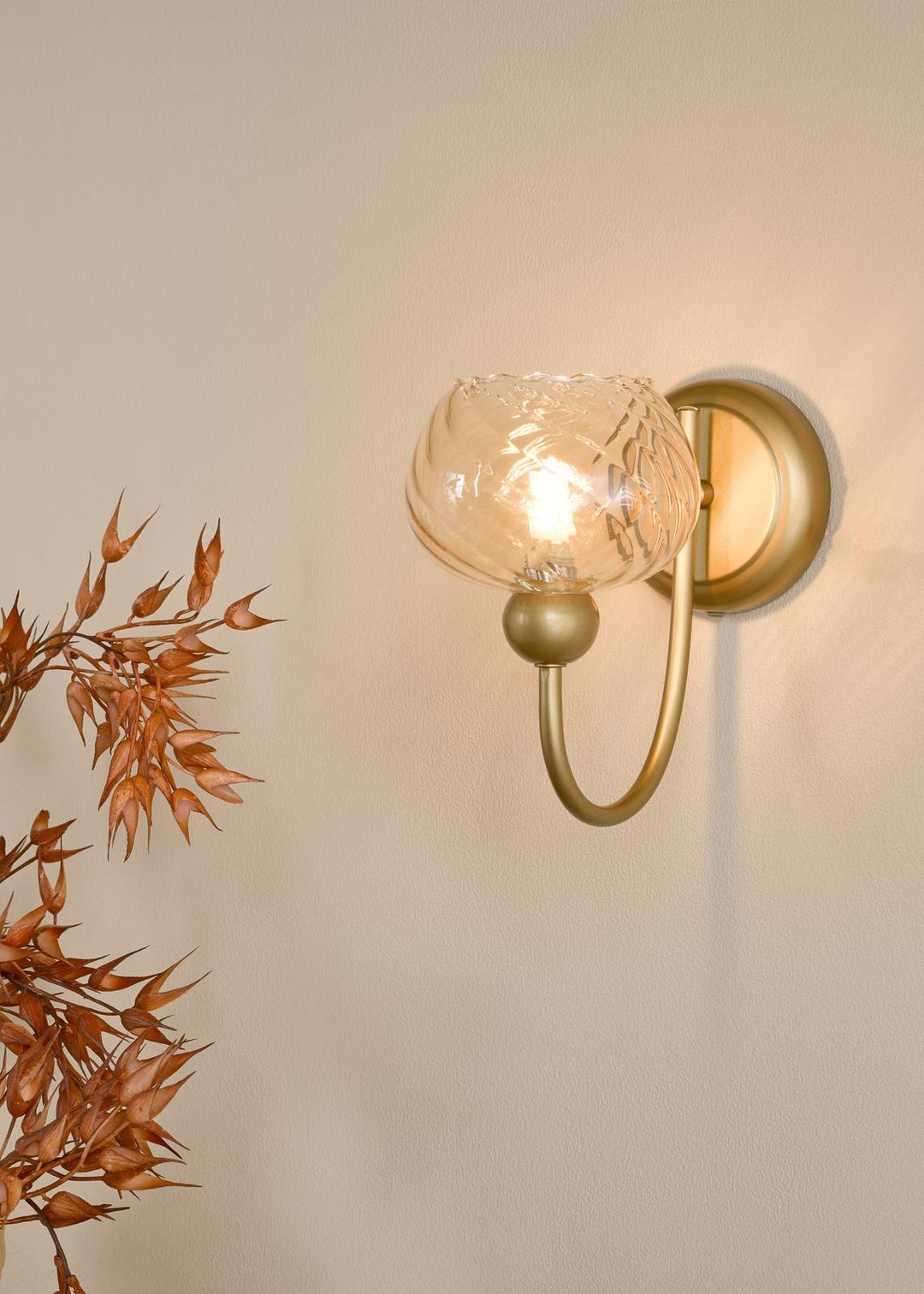 Dar COG0735 Cognac Wall Light Satin Gold and Champagne Ribbed Glass