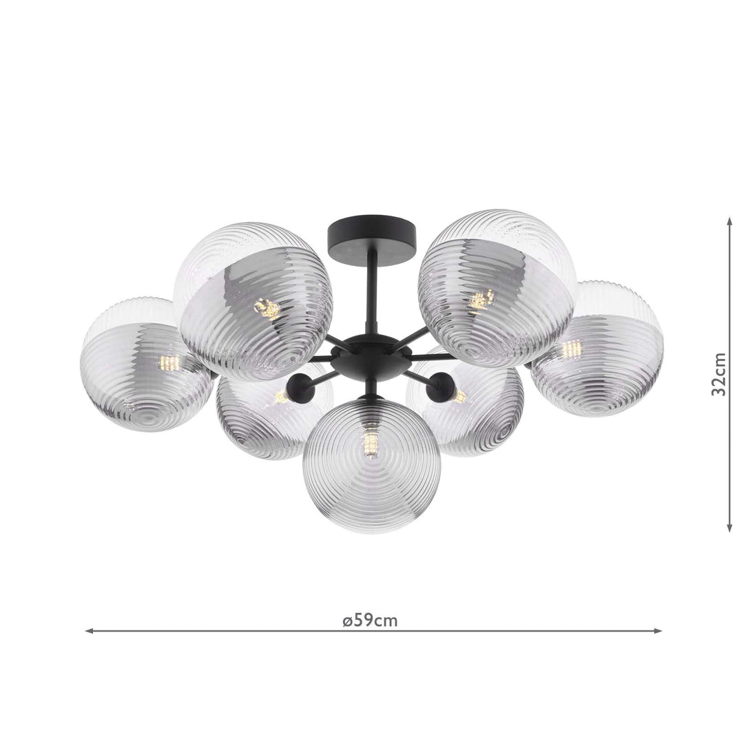 Dar COH3422-19 Cohen 7 Light Pendant Matt Black With Smoked/Clear Ribbed Glass