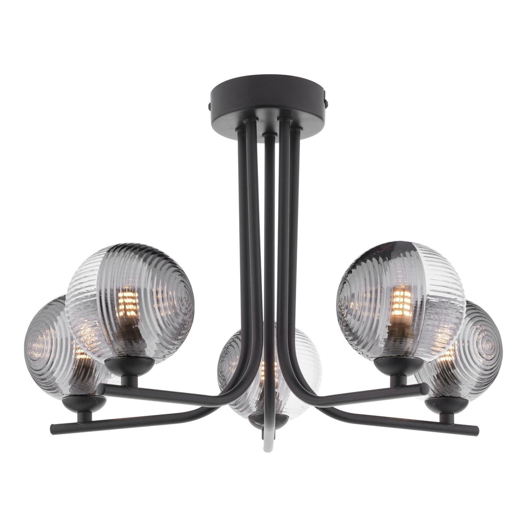 Dar CRA5422-18 Cradle 5 Light Semi Flush Matt Black With Smoked/Clear Ribbed Glass